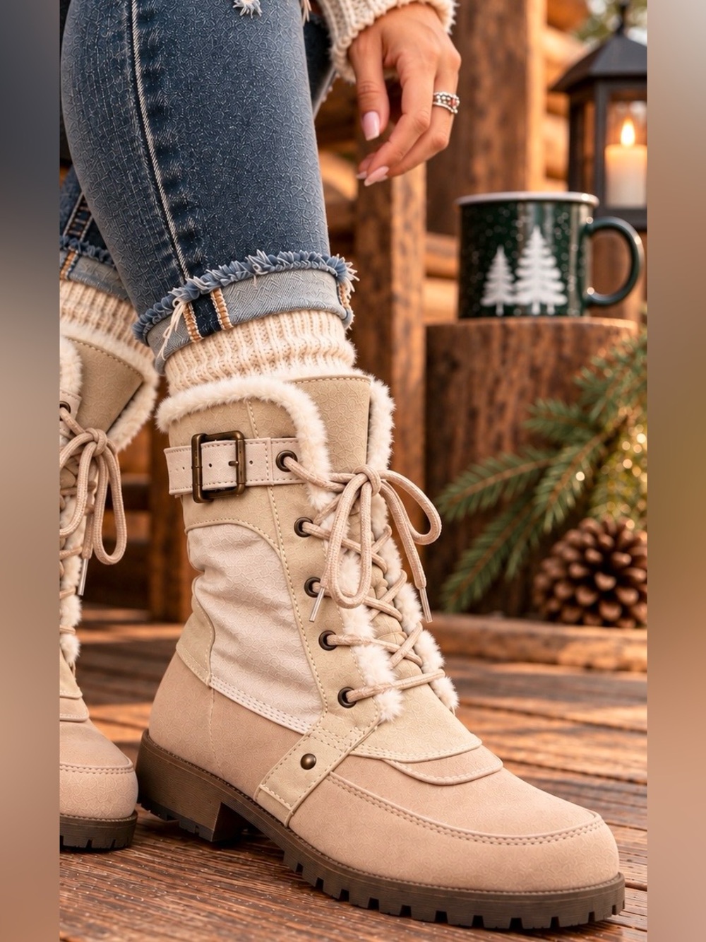 Jellypop Chanda Women’s 8.5M Bone Beige Faux Fur Lace Up Ankle Boots Buckle